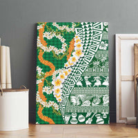 Hawaiian Plumeria Lei Canvas Wall Art Kakau Motifs and Palaka Half Style Green Color - Polynesian Pride
