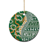 Hawaiian Plumeria Lei Ceramic Ornament Kakau Motifs and Palaka Half Style Green Color - Polynesian Pride