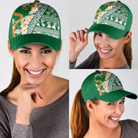 Hawaiian Plumeria Lei Classic Cap Kakau Motifs and Palaka Half Style Green Color - Polynesian Pride