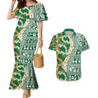 Hawaiian Plumeria Lei Couples Matching Mermaid Dress and Hawaiian Shirt Kakau Motifs and Palaka Half Style Green Color - Polynesian Pride