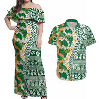 Hawaiian Plumeria Lei Couples Matching Off Shoulder Maxi Dress and Hawaiian Shirt Kakau Motifs and Palaka Half Style Green Color - Polynesian Pride