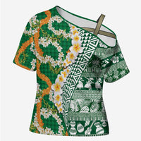 Hawaiian Plumeria Lei Cross Shoulder Shirt Kakau Motifs and Palaka Half Style Green Color - Polynesian Pride
