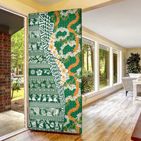 Hawaiian Plumeria Lei Door Cover Kakau Motifs and Palaka Half Style Green Color - Polynesian Pride