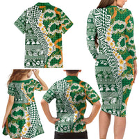 Hawaiian Plumeria Lei Family Matching Long Sleeve Bodycon Dress and Hawaiian Shirt Kakau Motifs and Palaka Half Style Green Color - Polynesian Pride