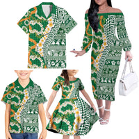 Hawaiian Plumeria Lei Family Matching Off The Shoulder Long Sleeve Dress and Hawaiian Shirt Kakau Motifs and Palaka Half Style Green Color - Polynesian Pride