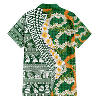 Hawaiian Plumeria Lei Family Matching Off The Shoulder Long Sleeve Dress and Hawaiian Shirt Kakau Motifs and Palaka Half Style Green Color - Polynesian Pride