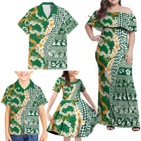 Hawaiian Plumeria Lei Family Matching Off Shoulder Maxi Dress and Hawaiian Shirt Kakau Motifs and Palaka Half Style Green Color - Polynesian Pride