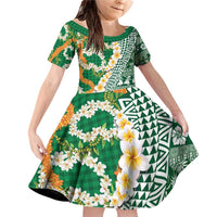 Hawaiian Plumeria Lei Family Matching Off Shoulder Short Dress and Hawaiian Shirt Kakau Motifs and Palaka Half Style Green Color - Polynesian Pride