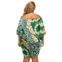 Hawaiian Plumeria Lei Family Matching Off Shoulder Short Dress and Hawaiian Shirt Kakau Motifs and Palaka Half Style Green Color - Polynesian Pride