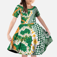 Hawaiian Plumeria Lei Family Matching Puletasi and Hawaiian Shirt Kakau Motifs and Palaka Half Style Green Color - Polynesian Pride