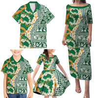 Hawaiian Plumeria Lei Family Matching Puletasi and Hawaiian Shirt Kakau Motifs and Palaka Half Style Green Color - Polynesian Pride