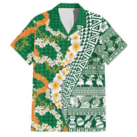 Hawaiian Plumeria Lei Family Matching Puletasi and Hawaiian Shirt Kakau Motifs and Palaka Half Style Green Color - Polynesian Pride