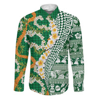 Hawaiian Plumeria Lei Family Matching Puletasi and Hawaiian Shirt Kakau Motifs and Palaka Half Style Green Color - Polynesian Pride