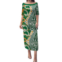 Hawaiian Plumeria Lei Family Matching Puletasi and Hawaiian Shirt Kakau Motifs and Palaka Half Style Green Color - Polynesian Pride