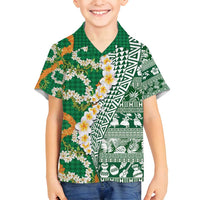 Hawaiian Plumeria Lei Family Matching Puletasi and Hawaiian Shirt Kakau Motifs and Palaka Half Style Green Color - Polynesian Pride