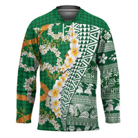 Hawaiian Plumeria Lei Hockey Jersey Kakau Motifs and Palaka Half Style Green Color - Polynesian Pride