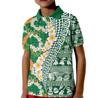 Hawaiian Plumeria Lei Kid Polo Shirt Kakau Motifs and Palaka Half Style Green Color - Polynesian Pride