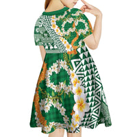 Hawaiian Plumeria Lei Kid Short Sleeve Dress Kakau Motifs and Palaka Half Style Green Color - Polynesian Pride