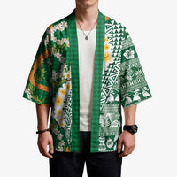 Hawaiian Plumeria Lei Kimono Kakau Motifs and Palaka Half Style Green Color - Polynesian Pride