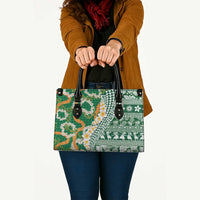 Hawaiian Plumeria Lei Leather Bag Kakau Motifs and Palaka Half Style Green Color - Polynesian Pride