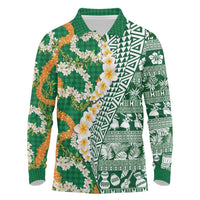 Hawaiian Plumeria Lei Long Sleeve Polo Shirt Kakau Motifs and Palaka Half Style Green Color - Polynesian Pride
