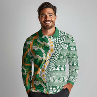 Hawaiian Plumeria Lei Long Sleeve Polo Shirt Kakau Motifs and Palaka Half Style Green Color - Polynesian Pride