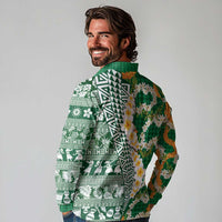 Hawaiian Plumeria Lei Long Sleeve Polo Shirt Kakau Motifs and Palaka Half Style Green Color - Polynesian Pride