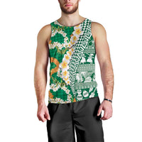 Hawaiian Plumeria Lei Men Tank Top Kakau Motifs and Palaka Half Style Green Color - Polynesian Pride