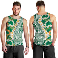 Hawaiian Plumeria Lei Men Tank Top Kakau Motifs and Palaka Half Style Green Color - Polynesian Pride
