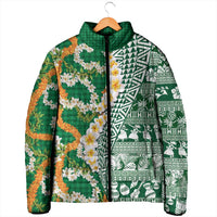 Hawaiian Plumeria Lei Padded Jacket Kakau Motifs and Palaka Half Style Green Color - Polynesian Pride