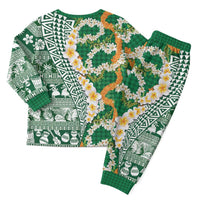 Hawaiian Plumeria Lei Christmas Pajama Set Kakau Motifs and Palaka Half Style Green Color - Polynesian Pride