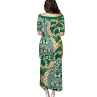 Hawaiian Plumeria Lei Puletasi Kakau Motifs and Palaka Half Style Green Color - Polynesian Pride