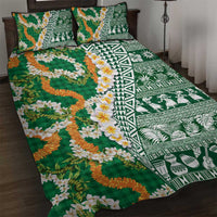 Hawaiian Plumeria Lei Quilt Bed Set Kakau Motifs and Palaka Half Style Green Color - Polynesian Pride