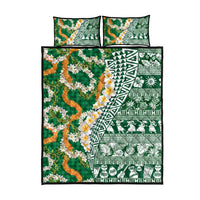 Hawaiian Plumeria Lei Quilt Bed Set Kakau Motifs and Palaka Half Style Green Color - Polynesian Pride
