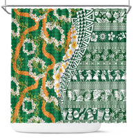 Hawaiian Plumeria Lei Shower Curtain Kakau Motifs and Palaka Half Style Green Color - Polynesian Pride