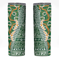 Hawaiian Plumeria Lei Skinny Tumbler Kakau Motifs and Palaka Half Style Green Color - Polynesian Pride