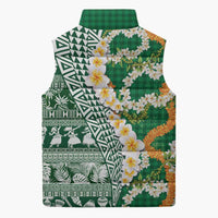 Hawaiian Plumeria Lei Sleeveless Puffer Jacket Kakau Motifs and Palaka Half Style Green Color - Polynesian Pride