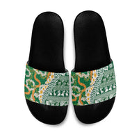 Hawaiian Plumeria Lei Slide Sandals Kakau Motifs and Palaka Half Style Green Color - Polynesian Pride