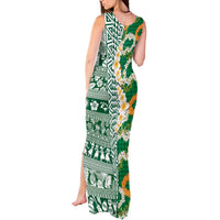 Hawaiian Plumeria Lei Tank Maxi Dress Kakau Motifs and Palaka Half Style Green Color - Polynesian Pride