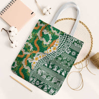 Hawaiian Plumeria Lei Tote Bag Kakau Motifs and Palaka Half Style Green Color - Polynesian Pride