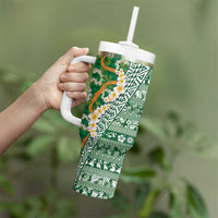 Hawaiian Plumeria Lei Tumbler With Handle Kakau Motifs and Palaka Half Style Green Color - Polynesian Pride