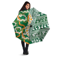 Hawaiian Plumeria Lei Umbrella Kakau Motifs and Palaka Half Style Green Color - Polynesian Pride