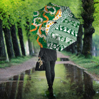 Hawaiian Plumeria Lei Umbrella Kakau Motifs and Palaka Half Style Green Color - Polynesian Pride