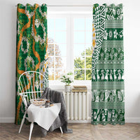 Hawaiian Plumeria Lei Window Curtain Kakau Motifs and Palaka Half Style Green Color - Polynesian Pride