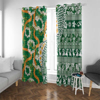 Hawaiian Plumeria Lei Window Curtain Kakau Motifs and Palaka Half Style Green Color - Polynesian Pride