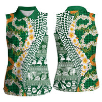 Hawaiian Plumeria Lei Women Sleeveless Polo Shirt Kakau Motifs and Palaka Half Style Green Color - Polynesian Pride