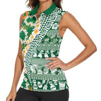Hawaiian Plumeria Lei Women Sleeveless Polo Shirt Kakau Motifs and Palaka Half Style Green Color - Polynesian Pride