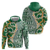Hawaiian Plumeria Lei Zip Hoodie Kakau Motifs and Palaka Half Style Green Color - Polynesian Pride