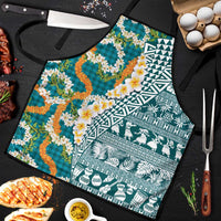 Hawaiian Plumeria Lei Apron Kakau Motifs and Palaka Half Style Turquoise Color - Polynesian Pride