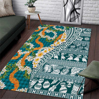 Hawaiian Plumeria Lei Area Rug Kakau Motifs and Palaka Half Style Turquoise Color - Polynesian Pride